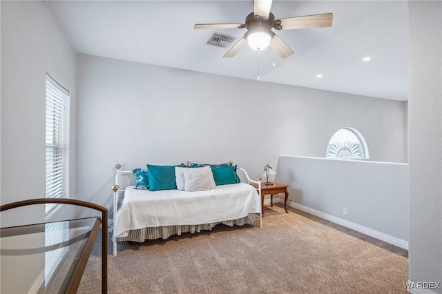 carpeted bedroom with baseboards, visible vents, ceiling fan, and recessed lighting