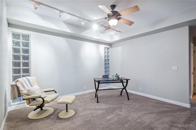 living area with a ceiling fan, carpet, and baseboards