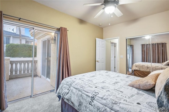 carpeted bedroom with access to exterior and ceiling fan