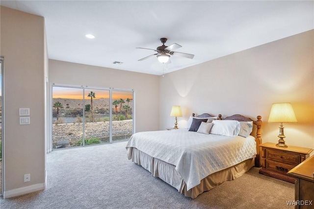 bedroom featuring baseboards, visible vents, a ceiling fan, access to exterior, and carpet floors