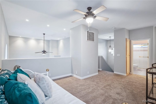 interior space featuring recessed lighting, visible vents, a ceiling fan, light carpet, and baseboards