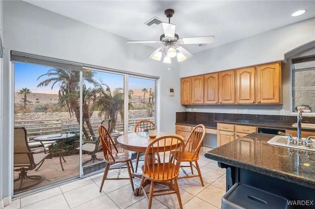 dining room featuring light tile patterned floors, ceiling fan, visible vents, and recessed lighting