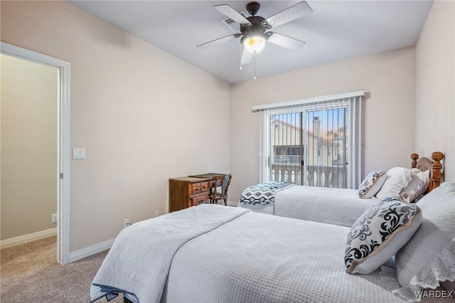 bedroom with light carpet, access to outside, ceiling fan, and baseboards