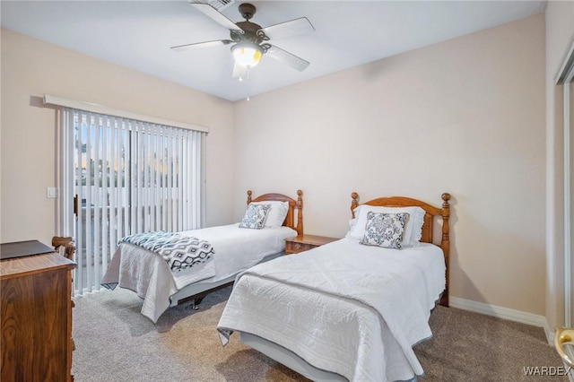 bedroom with access to exterior, carpet flooring, baseboards, and a ceiling fan