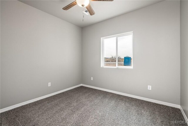 carpeted empty room with baseboards, visible vents, and ceiling fan