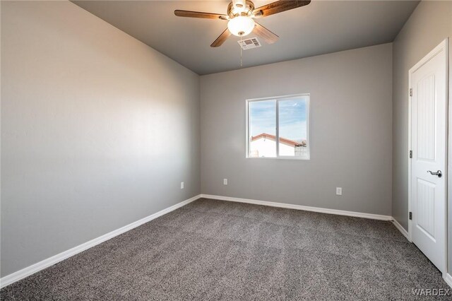 empty room featuring carpet flooring, ceiling fan, visible vents, and baseboards