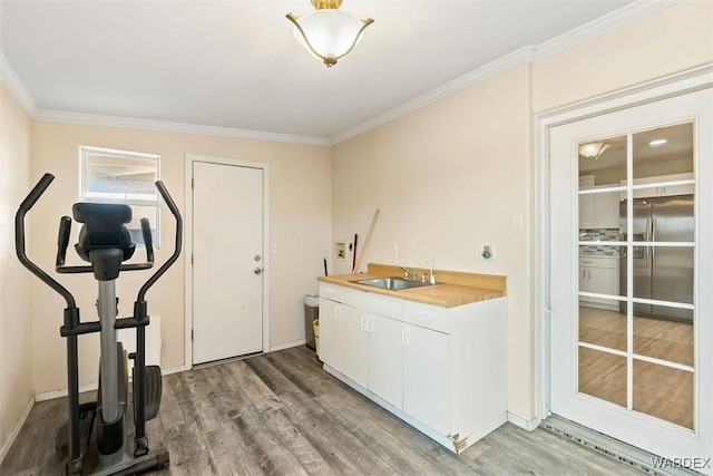 interior space with ornamental molding, light wood-type flooring, a sink, and baseboards