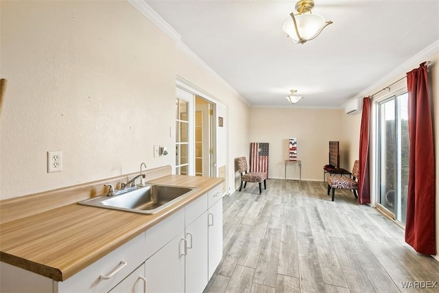 kitchen featuring ornamental molding, a sink, and light wood-style flooring