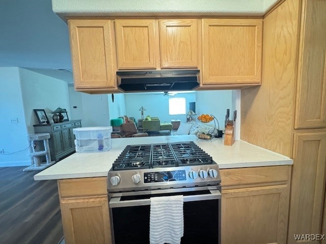 kitchen with light countertops, light brown cabinetry, stainless steel range with gas stovetop, and under cabinet range hood