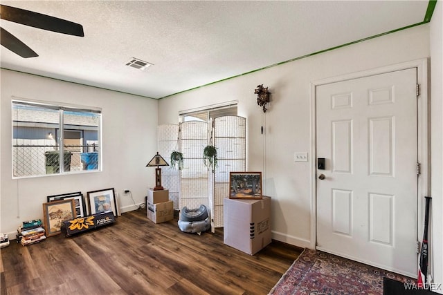 interior space featuring plenty of natural light, visible vents, dark wood finished floors, and a textured ceiling