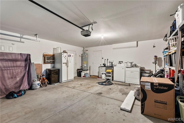 garage with white refrigerator with ice dispenser, washer and dryer, gas water heater, and a garage door opener