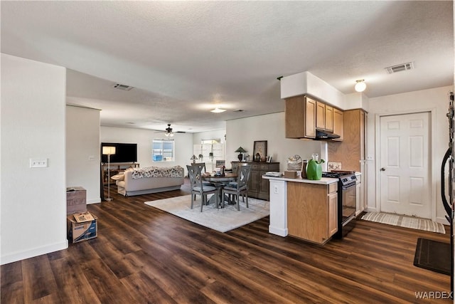 kitchen featuring visible vents, black gas range oven, open floor plan, a peninsula, and light countertops