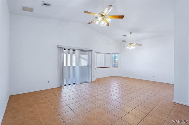 spare room with light tile patterned floors, high vaulted ceiling, visible vents, and a ceiling fan