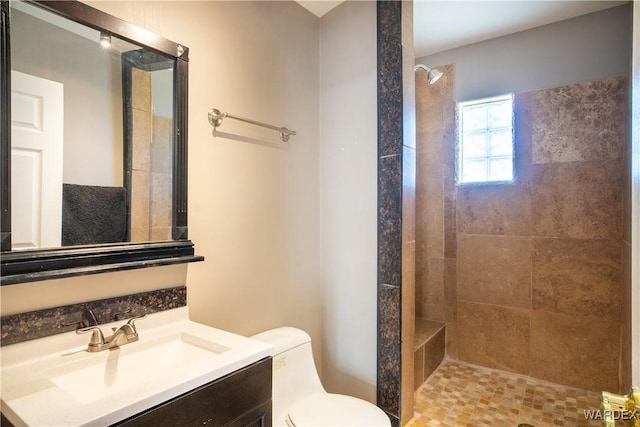 bathroom with vanity, a tile shower, and toilet