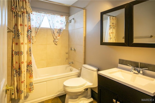 full bath with vanity, shower / bath combination with curtain, and toilet