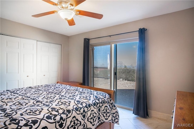 bedroom featuring ceiling fan and a closet