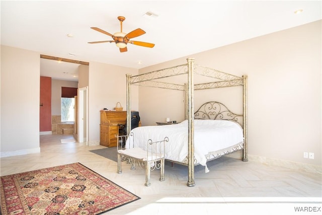 bedroom featuring visible vents, ceiling fan, and baseboards