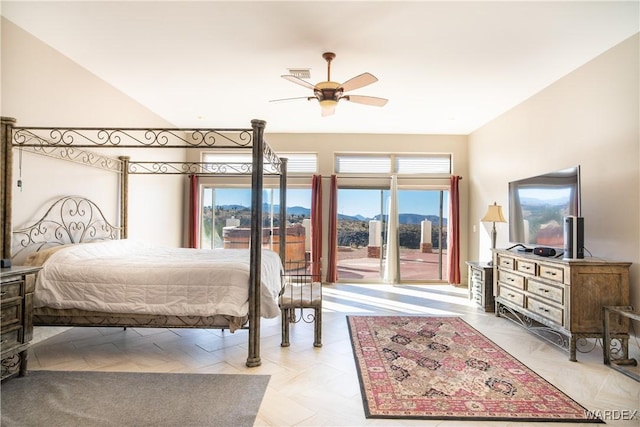 bedroom featuring access to exterior, ceiling fan, and visible vents