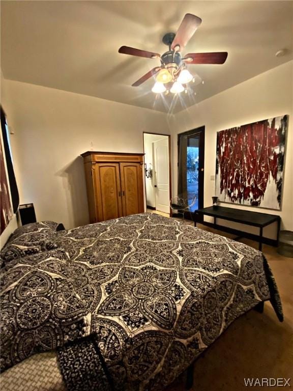 bedroom featuring access to outside and ceiling fan