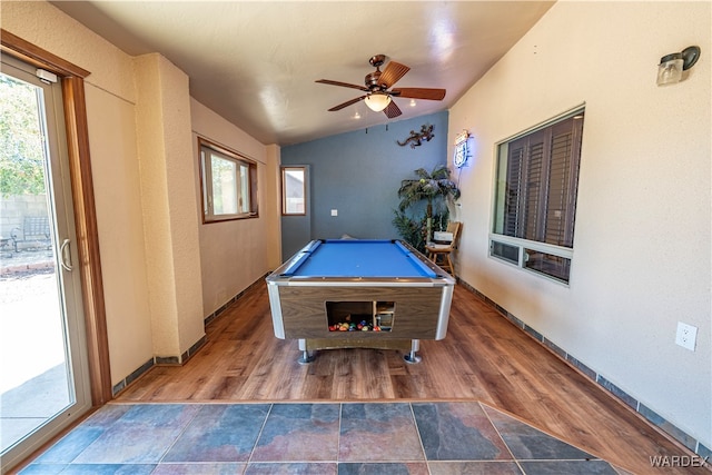 game room featuring lofted ceiling, billiards, ceiling fan, and dark wood-type flooring