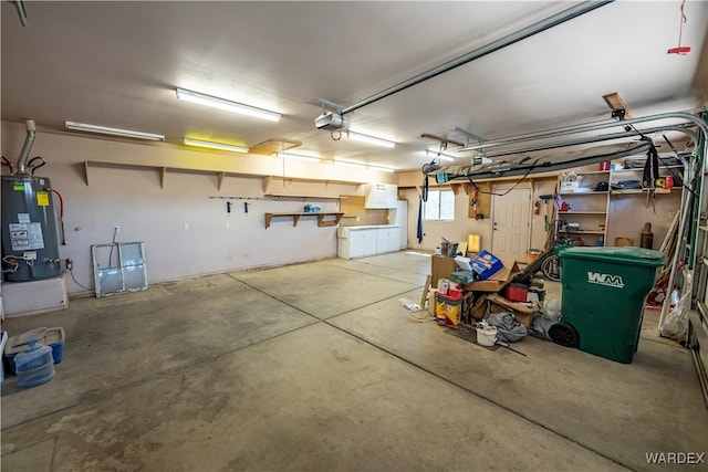 garage featuring a garage door opener and gas water heater