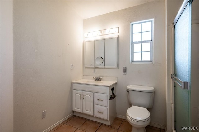 full bath featuring toilet, tile patterned floors, baseboards, and vanity