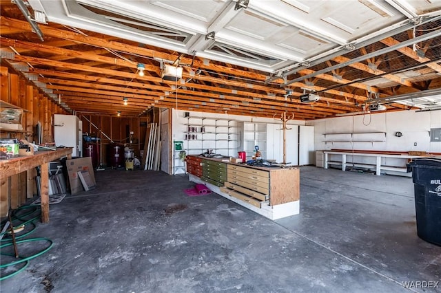 garage with a garage door opener and a workshop area