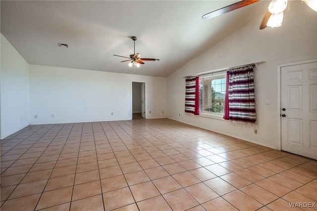 unfurnished room featuring ceiling fan, high vaulted ceiling, light tile patterned flooring, and visible vents