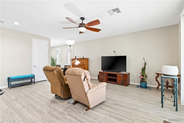 2542 E Alterna Dr, Fort Mohave, AZ 86426 - living room featuring light wood-style floors, visible vents, a ceiling fan, and baseboards