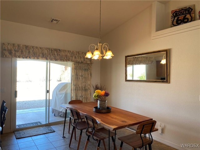 dining area with a chandelier, lofted ceiling, a healthy amount of sunlight, and visible vents