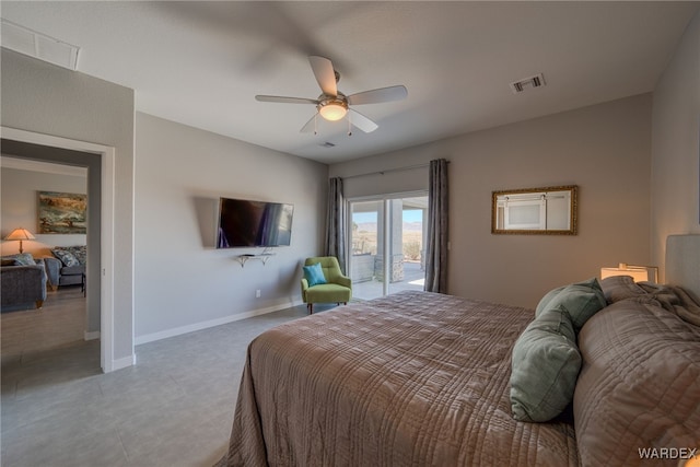 bedroom with a ceiling fan, access to exterior, baseboards, and visible vents