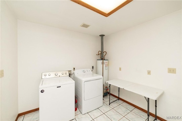 laundry area with laundry area, visible vents, baseboards, separate washer and dryer, and gas water heater