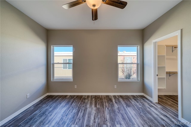 unfurnished bedroom with a walk in closet, dark wood-style flooring, and multiple windows