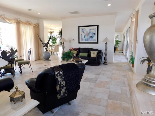 living area with visible vents, a chandelier, crown molding, and recessed lighting