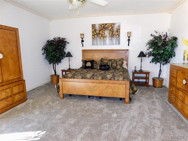 bedroom with a ceiling fan, light colored carpet, crown molding, and baseboards