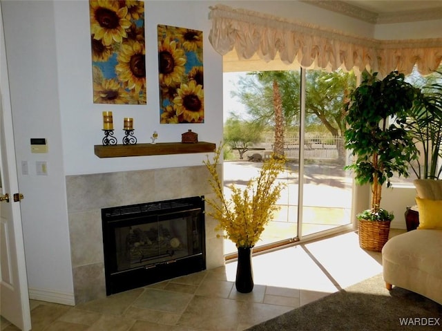 doorway with a fireplace and a wealth of natural light