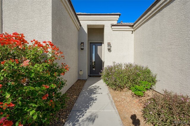 view of exterior entry featuring stucco siding