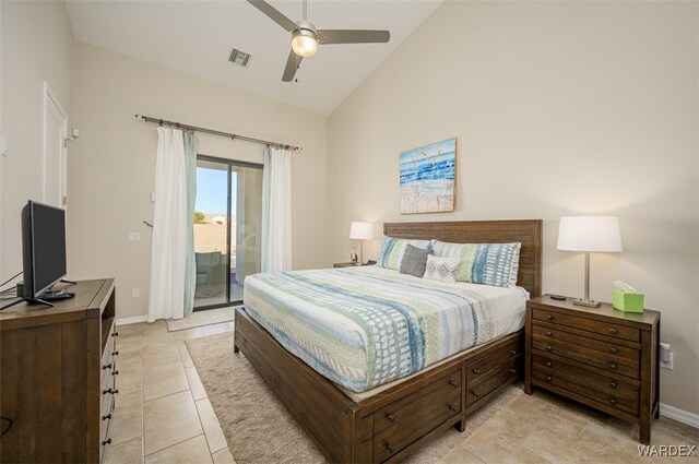 bedroom with high vaulted ceiling, access to outside, visible vents, and baseboards