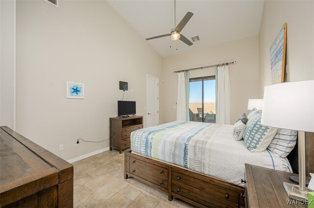 bedroom with visible vents, baseboards, ceiling fan, access to outside, and high vaulted ceiling