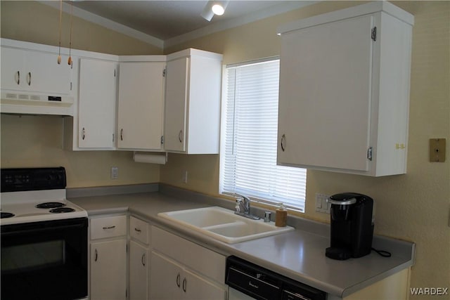 kitchen featuring a sink, under cabinet range hood, white cabinetry, and electric range oven