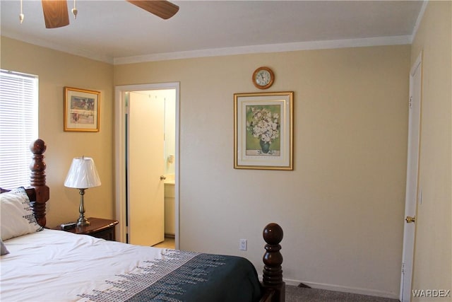 bedroom with ornamental molding, carpet, ceiling fan, and ensuite bathroom