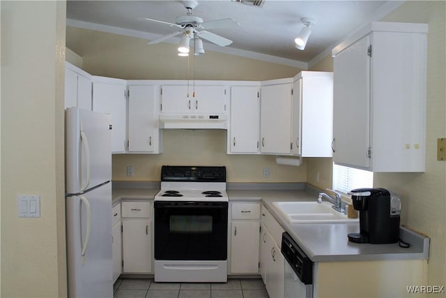 kitchen featuring under cabinet range hood, white appliances, a sink, white cabinets, and light countertops