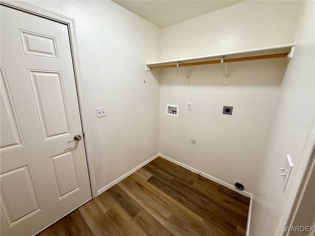 washroom with laundry area, baseboards, dark wood-style floors, washer hookup, and electric dryer hookup