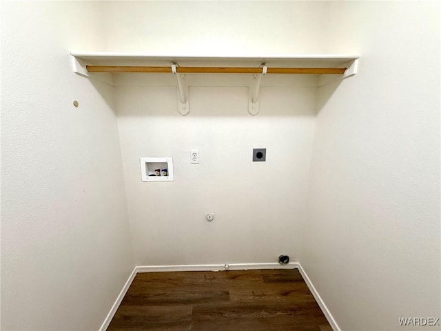 washroom featuring dark wood-style floors, hookup for a washing machine, gas dryer hookup, electric dryer hookup, and laundry area