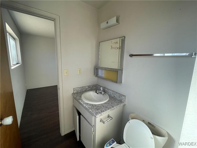 bathroom featuring wood finished floors, vanity, and toilet