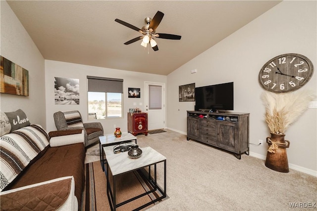 carpeted living room with baseboards, a ceiling fan, and lofted ceiling