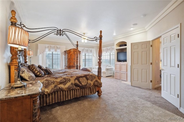 bedroom featuring carpet floors and ornamental molding