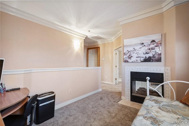 interior space with light carpet, baseboards, a multi sided fireplace, and crown molding