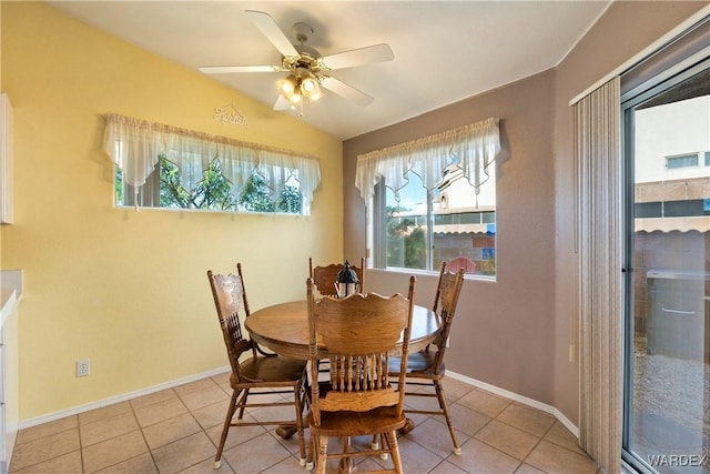 dining space featuring ceiling fan, visible vents, baseboards, and light tile patterned flooring