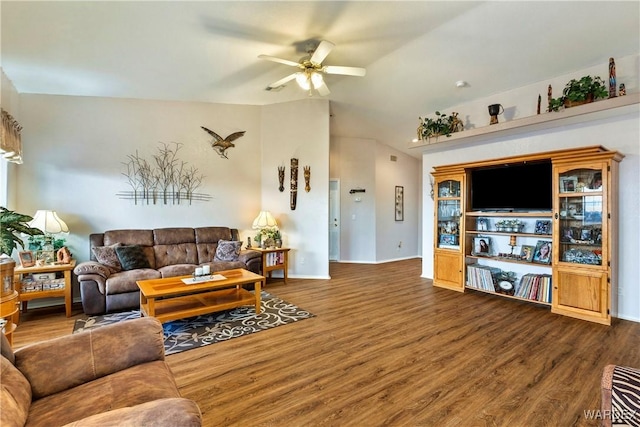 living room with lofted ceiling, dark wood-style floors, baseboards, and a ceiling fan